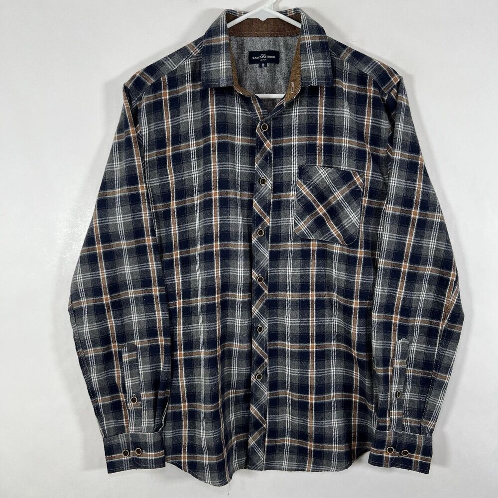 Rue Saint-Patrick Montreal Button Up Flannel Shirt Mens Medium Blue Orange Plaid